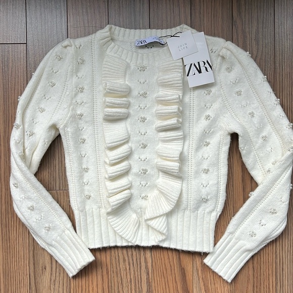 ZARA Pearl Ruffle Sweater size medium - Picture 3 of 12